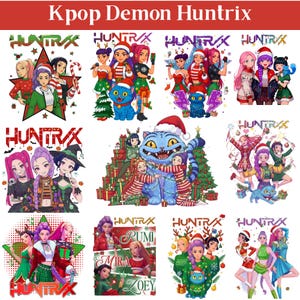 Può includere: Una collezione di grafiche colorate Kpop Demon Huntrix. Le immagini presentano personaggi in stile anime con abiti festivi, con il testo "Huntrix". Alcuni disegni includono un gatto blu e alberi di Natale.
