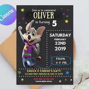 May include: A black and white invitation with a cartoon character of a mouse wearing a purple shirt and blue jeans. The invitation is for Oliver's 5th birthday party at Chuck E. Cheese's Katy on February 22nd, 2019 from 4-7 PM. The invitation includes the address and RSVP information.