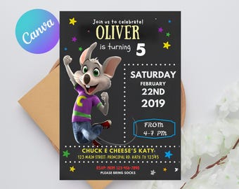 Zaproszenie urodzinowe Chuck E Cheese: edytowalny szablon Canva (pobranie cyfrowe)