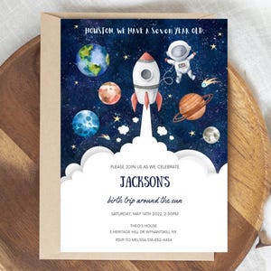 Carte d'invitation d'anniversaire modifiable dans l'espace extra-atmosphérique, modèle d'invitation dans l'espace extra-atmosphérique, invitation d'astronaute de fusée de planètes, invitation de galaxie