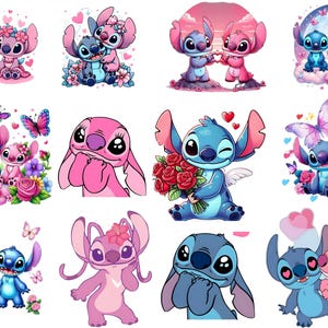 May include: A collection of cartoon illustrations featuring the characters Stitch and Angel in various romantic poses. The images showcase the characters with hearts, flowers, and butterflies, in shades of blue, pink, and purple.