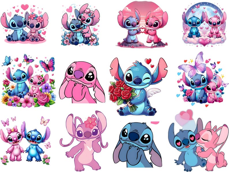 May include: A collection of cartoon illustrations featuring the characters Stitch and Angel in various romantic poses. The images showcase the characters with hearts, flowers, and butterflies, in shades of blue, pink, and purple.