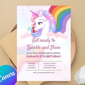 Unicorn Rainbow Girl’s Birthday Party Invitation card Template, Printable Digital Woman Electronic Party Card, Editable card