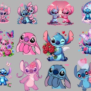 May include: A collection of cartoon illustrations featuring the characters Stitch and Angel in various romantic poses. The images showcase the characters in shades of blue and pink, surrounded by hearts, flowers, and butterflies, set against a gray background.