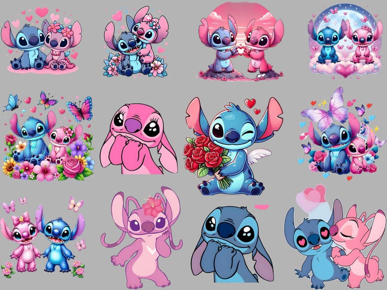 May include: A collection of cartoon illustrations featuring the characters Stitch and Angel in various romantic poses. The images showcase the characters in shades of blue and pink, surrounded by hearts, flowers, and butterflies, set against a gray background.