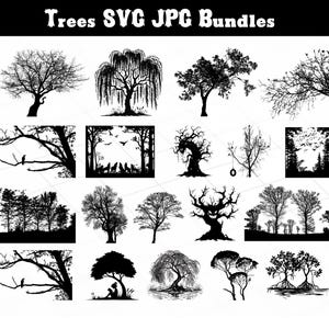 May include: A collection of 15 black and white silhouette images of trees. The trees are in various styles, including weeping willow, oak, and pine. The images are perfect for use in crafting projects, scrapbooking, or digital design.