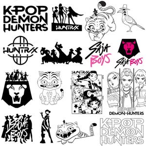 Pode incluir: Uma coleção de ilustrações em preto e branco com figuras estilizadas, animais e texto. O texto inclui "K-POP DEMON HUNTERS", "HUNTRAX" e "Saja Boys". As imagens têm um estilo de banda desenhada ou graphic novel.