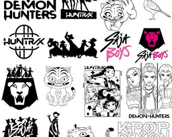 Kpop Demon Hunter SVG Bundle, Saja Boy & Huntrix Svg, Demon Hunters Inspired Kpop Svg, Cat and Bird Png, Kpop Idol Group Cut File,Silhouette