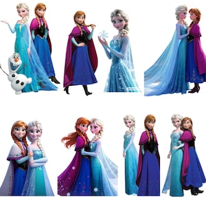 May include: A collage of images featuring the characters Elsa and Anna from the animated film "Frozen." The images showcase the characters in various poses, wearing their signature dresses in shades of blue, purple, and teal. Some images include the snowman Olaf.