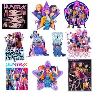 May include: A selection of digital artworks with a K-Pop theme. The images depict stylized portraits of female figures, a blue cat, and the text "HUNTRAX", "K-POP DEMON HUNTERS", and "SBOYS". The colour scheme includes bright blues, purples, and yellows.