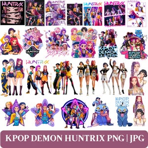 Peut inclure: Ensemble de graphiques numériques sur le thème de la K-Pop, présentant des illustrations de personnages féminins, des logos et du texte. Les images incluent le texte "HUNTRAX", "K-POP DEMON HUNTERS" et des noms de personnages. La palette de couleurs est vive, avec des nuances de violet, de jaune et de bleu.