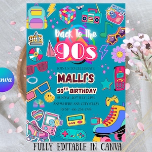 90s Birthday Party Invitation, Back to the 90s, Throwback Party | Neon party glow dance disco 2000s birthday 90s instant download