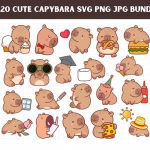 Cute Capybara SVG, Capybara PNG Bundle,Funny Capybara Clipart,Anime Cartoon Digital Sticker,files for cricut, Set Kawaii Animal Illustration