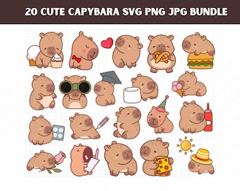 かわいいカピバラSVG、カピバラPNGバンドル、面白いカピバラクリップアート、アニメ漫画デジタルステッカー、クリカット用ファイル、かわいい動物イラストセット