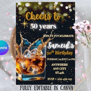 Invitación de cumpleaños de whisky: invitación editable para adultos, para hombres, fiesta sorpresa, 30, 40 y 50 años, plantilla de Canva