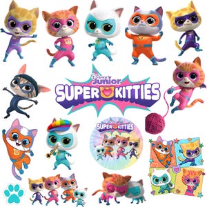 Może przedstawiać: Kolekcja postaci Disney Junior Super Kitties przedstawiająca różne koty w kolorowych kostiumach superbohaterów, maskach i pelerynach. Centralne logo zawiera napis Disney Junior Super Kitties z ikoną serca oraz okrągłe i kwadratowe panele graficzne.