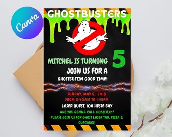 May include: A black and green invitation card with a Ghostbusters theme. The card features a green ghost with a red circle and a diagonal line through it. The text on the card reads "Ghostbusters", "Mitchel is turning 5", "Join us for a Ghostbustin good time!" and "Sunday, May 6, 2018 from 11:40am to 1:45pm Laser Quest. IOA Hesse Bay Who you gonna call 006831327 Please join us for Ghost Laser Tag, Pizza & Cupcakes!"