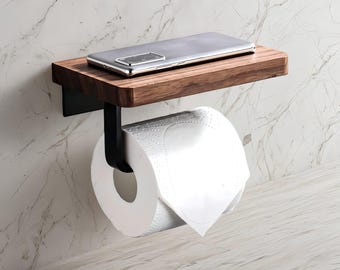 Walnut Wood Wall-Mounted Tissue Holder with Shelf | Bathroom Roll Holder