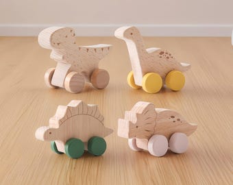 Wooden Dinosaur Toy Set – Handmade Montessori Rolling Dino Cars – Natural Wood Baby & Toddler Toys – Eco-Friendly Gift for Kid