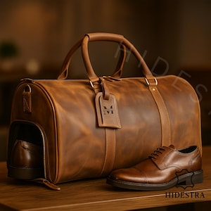 Real Leather Duffle Bag with Shoe Compartment, 35L Engraved Travel Bag for Men