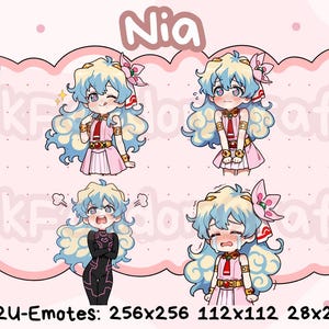 May include: Four digital art emotes featuring a character named Nia with blue hair and pink outfits. The emotes display different expressions, set against a pink background with floral and decorative elements. Text includes "Nia" and "P2U-Emotes".