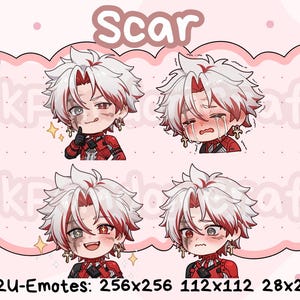 May include: A set of four digital emotes featuring a character with white hair and red accents, each displaying a different emotion. The emotes are set against a pink background with the word "Scar" at the top and the text "P2U-Emotes" at the bottom.