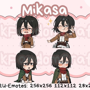 Puede incluir: Un fondo rosa con cuatro emoticonos de Mikasa estilo chibi de Ataque a los Titanes. Cada emoticono muestra a Mikasa en diferentes poses y expresiones, vistiendo su atuendo característico. El texto "Mikasa" está en la parte superior.