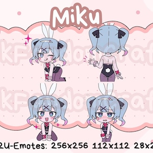 May include: A digital illustration featuring four poses of a character with blue hair, bunny ears, and a black and white outfit. The word "Miku" is at the top. The image is set against a pink background with floral and leaf accents. Text at the bottom reads "P2U-Emotes: 256x256 112x112 28x28".