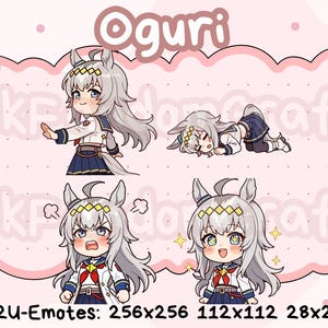 Puede incluir: Cuatro emoticonos de anime estilo chibi de un personaje con cabello plateado y orejas de caballo. El personaje lleva un uniforme de marinero y tiene varias expresiones, incluyendo un saludo, acostado, enfadado y feliz. El fondo es rosa con la palabra "Oguri".