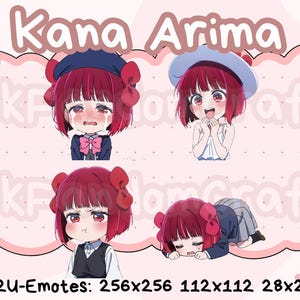 May include: A digital illustration set featuring four chibi-style emotes of a character named Kana Arima with short red hair and red bows. The character is shown crying, smiling, pouting, and lying down. The image includes pink floral accents and text.