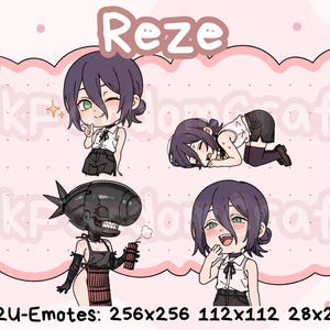 May include: Four chibi-style illustrations of a character named Reze, with purple hair and green eyes, in various poses. The images are set against a pink background with floral accents and the text "Reze" at the top.