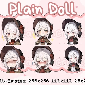 Op de afbeelding: Zes verschillende digitale illustraties van een pop met wit haar, die een zwarte hoed en een bruine jas draagt. De pop heeft verschillende gezichtsuitdrukkingen, waaronder knipperen, glimlachen en blozen. De tekst "Plain Doll" staat bovenaan de afbeelding. De tekst "P2U-Emotes: 256x256 112x112 28x28" staat onderaan de afbeelding.
