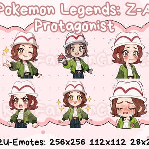 Puede incluir: Seis ilustraciones de estilo chibi de un personaje de "Pokemon Legends: Z-A". El personaje tiene cabello castaño, un sombrero blanco y rojo y una chaqueta verde. Las ilustraciones muestran diferentes expresiones y poses. El texto incluye "Pokemon Legends: Z-A Protagonist" y "P2U-Emotes: 256x256 112x112 28x28."