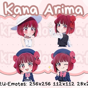 May include: A digital illustration set featuring four chibi-style emotes of the character Kana Arima with magenta hair. The character is depicted in various outfits including a white hat, a dark vest, and a blue jacket with a pink bow tie.