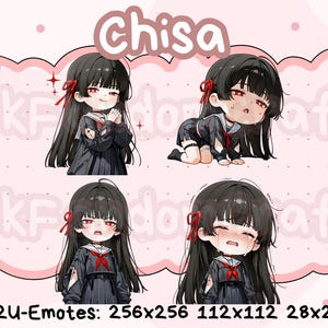 May include: Four chibi-style illustrations of a character named Chisa in various poses. The character has long black hair with red accents, wearing a dark uniform with a red bow. The background is light pink with floral and decorative elements.