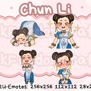 May include: Four chibi-style illustrations of Chun Li from Street Fighter. The images show her in various poses, including bowing, smiling, and looking embarrassed. The background is pink with floral and text elements. Text on the image reads "Chun Li" and "P2U-Emotes".