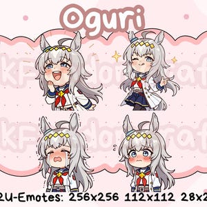 Puede incluir: Cuatro ilustraciones de estilo chibi de un personaje con cabello plateado y orejas de conejo, cada una mostrando una emoción diferente. El personaje viste un uniforme blanco y azul con un lazo rojo. La palabra "Oguri" está en la parte superior, y "P2U-Emotes" con detalles de tamaño en la parte inferior.
