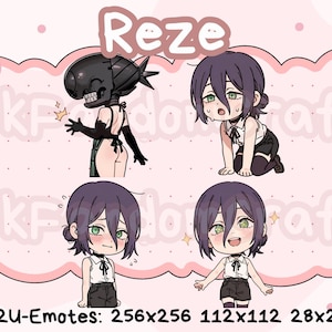 May include: Digital art graphic featuring four chibi-style illustrations of a character named Reze. The images are set against a pink background with floral and decorative elements. The character is depicted in various poses.