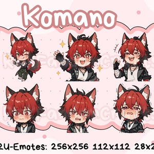 Op de afbeelding: Een verzameling digitale emotes met een personage met rood haar en vossenoren. De emotes tonen verschillende uitdrukkingen, waaronder zwaaien, lachen en huilen. Het woord "Komano" staat bovenaan, met "P2U-Emotes" en afmetingen onderaan.