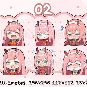 May include: Six different cartoon images of a pink-haired anime character with different facial expressions. The images are arranged in two rows of three. The text "P2U-Emotes: 256x256 112x112 28x28" is at the bottom of the image.