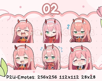 Darling in the Franxx Zero Two 02 Emotes - gotowe do użycia, urocze emotikony Chibi na Discord, YouTube, Twitch itp.
