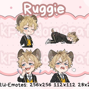 May include: A digital art graphic featuring four chibi-style illustrations of a character named Ruggie. The character has blonde hair, animal ears, and is wearing a black suit with a yellow vest. The background is pink with floral accents and the text "Ruggie".