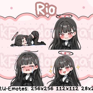 以下が含まれることがあります： ピンク色の背景に、長い黒髪、赤い目、ハローを持つキャラクターの4つのちびスタイルのイラスト。キャラクターは黒いスーツを着ています。上部のテキストは「Rio」と書かれています。下部のテキストは「P2U-Emotes: 256x256 112x112 28x28」と書かれています。
