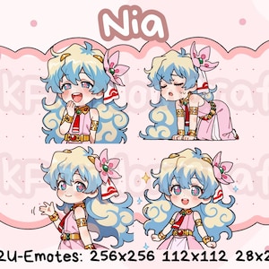 May include: Four chibi-style digital emotes featuring a character named Nia with blue hair and pink attire. The emotes display different expressions and poses, set against a pink floral background. Text includes "Nia" and "P2U-Emotes".