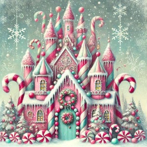 Images numériques du château Noël en sucre de canne, fête des neiges, douces x 24 Clipart imprimable artisanat coloré mignon décoration d'intérieur carte faisant des techniques mixtes