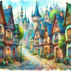 Images numériques originales de Village fantastique x 20 Clipart imprimable artisanat coloré mignon décoration carte faisant des techniques mixtes Stickers muraux
