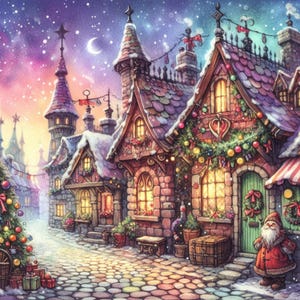 Images numériques originales de Noël fantastique festif village des neiges x 24 Clipart imprimable artisanat coloré mignon décoration carte faisant des techniques mixtes