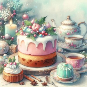 Puede incluir: Ilustración en acuarela de una escena navideña festiva. Un pastel de varias capas con glaseado blanco y decoraciones coloridas se encuentra sobre una tabla de madera. También hay tazas de té, una tetera y una magdalena, junto con palitos de canela y anís estrellado.