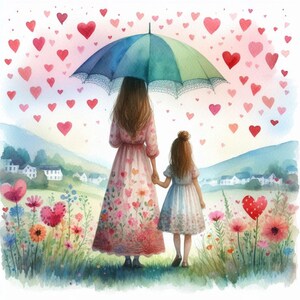 Mãe e filha 15 imagens digitais Dia das mães Amor Corações Arco-íris Guarda-chuva Clipart Imprimíveis Enfrentem a tempestade juntos Mãe Bebê Menina