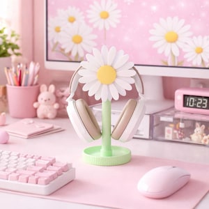 Hoofdtelefoonstandaard madeliefje | 3D-geprinte hoofdtelefoonhouder | Leuke bureauopberger | Bloemen gaming-setupaccessoire | Cadeau voor gamer en muziekliefhebber